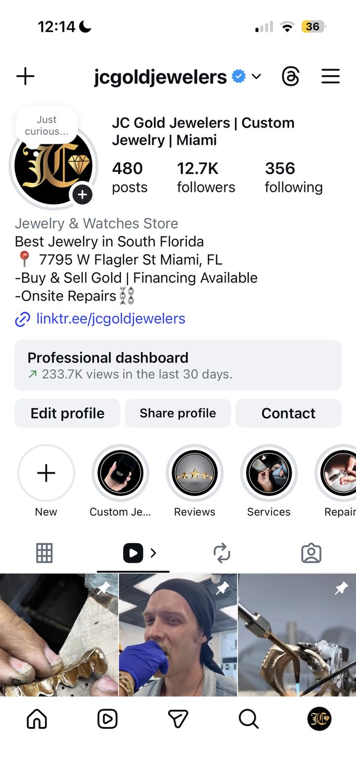 JC Gold Jewelers Instagram account managed by social media manager Destinee Valentin, showing 12.7K followers and 233.7K views in 30 days