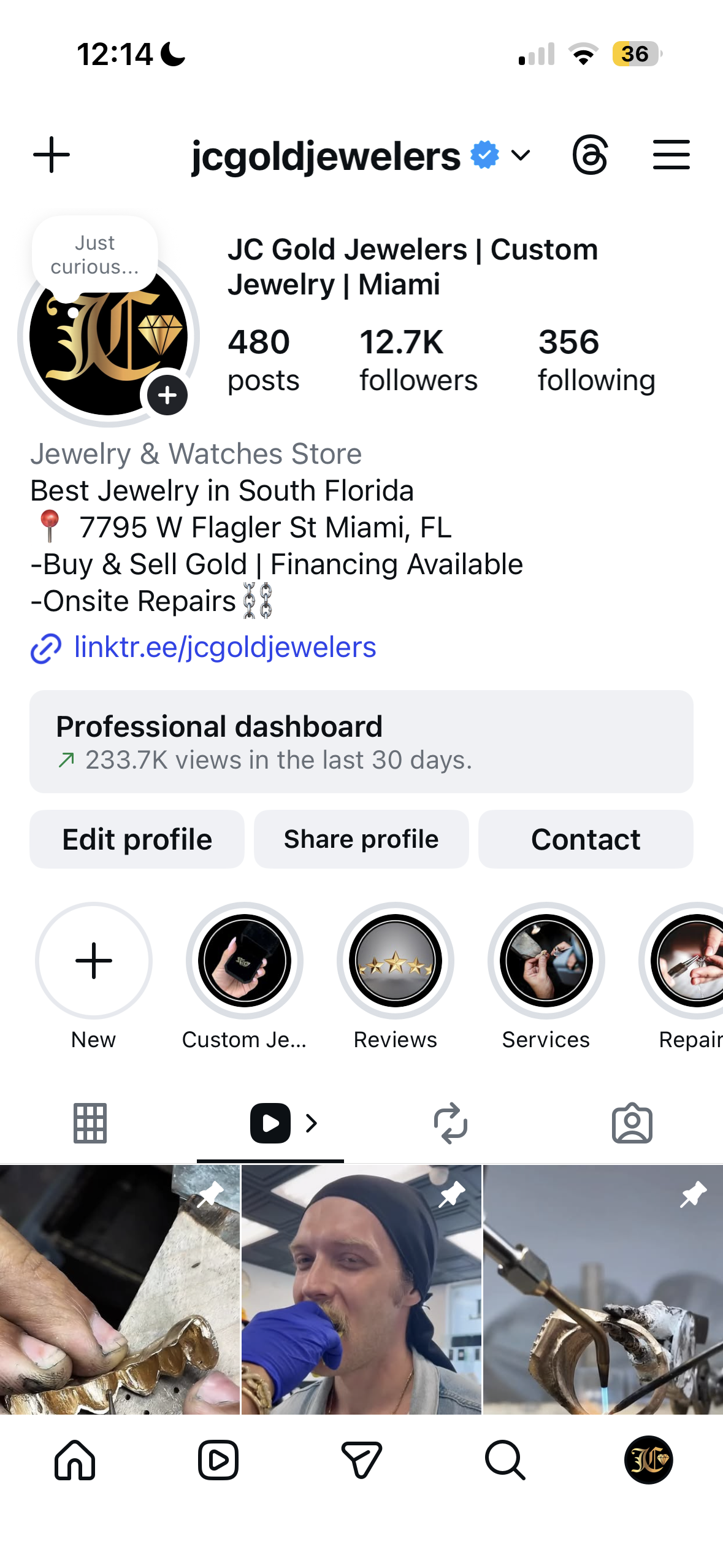 JC Gold Jewelers Instagram profile — 480 posts, 12.7K followers, Miami custom jewelry house, 233.7K views in the last 30 days