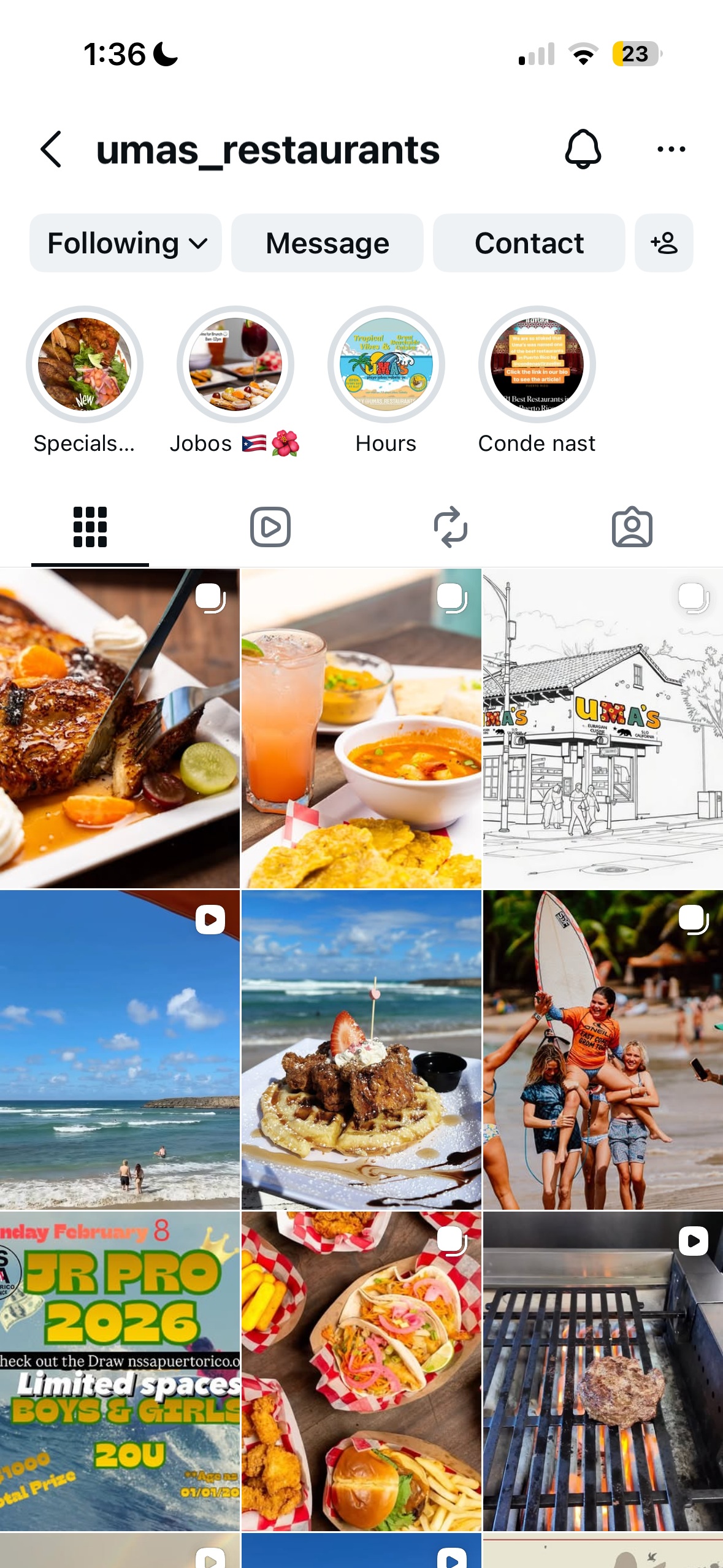 Uma's Restaurants Instagram profile — after the rebrand, showing a curated restaurant feed with food photography, line-art illustration, and beach photography