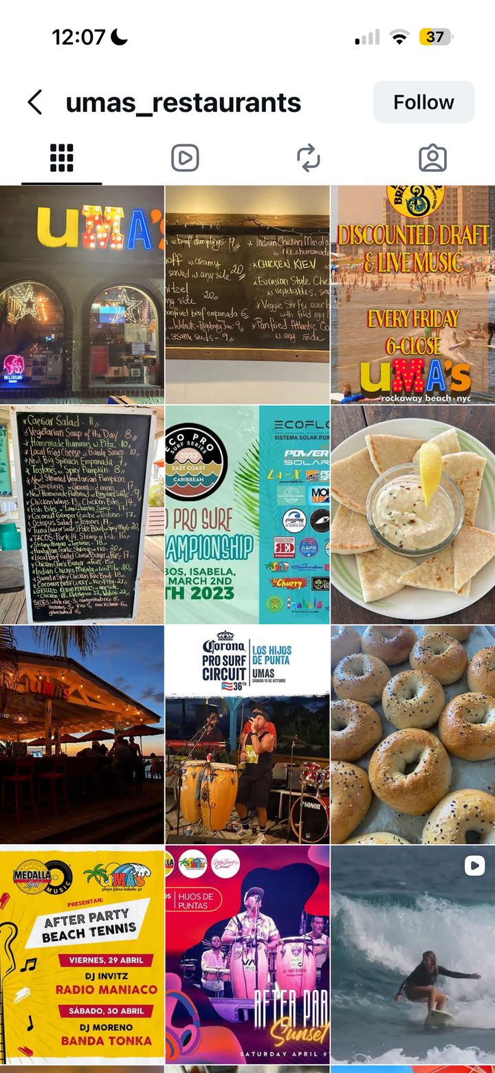 Restaurant Instagram feed before a social media rebrand: scattered flyers, chalkboard menus and surf promos